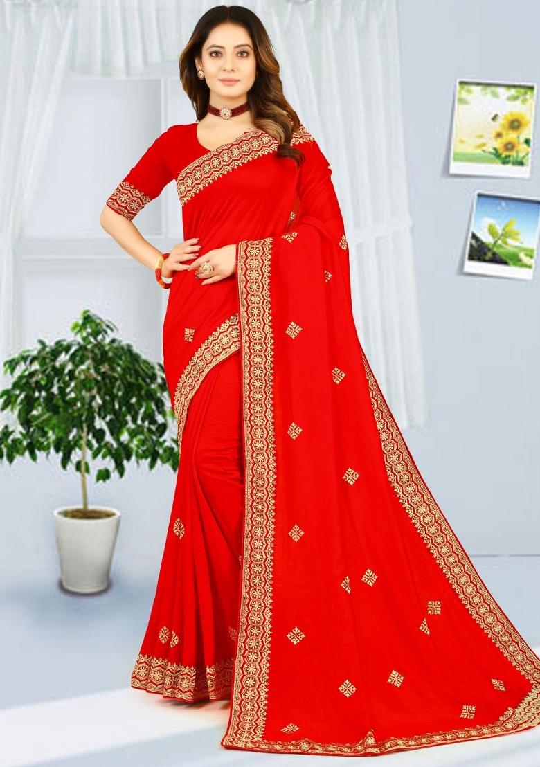 Red Embroidered Vichitra Silk Saree Set