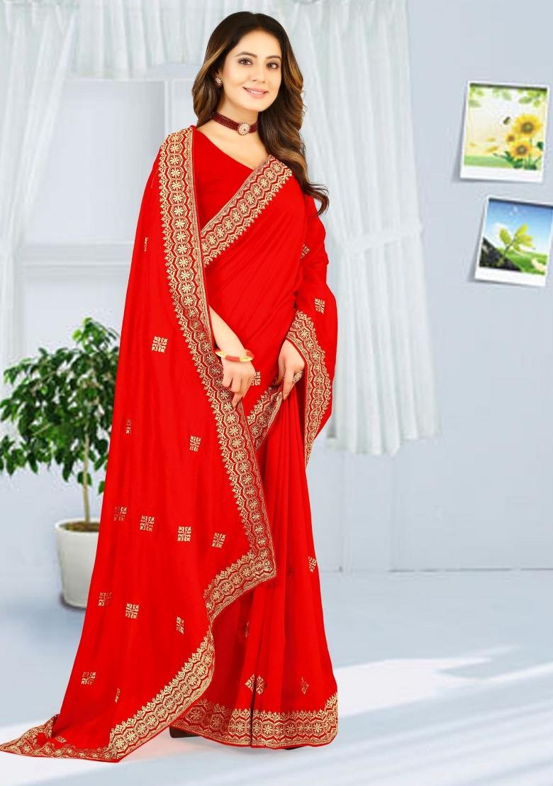 Red Embroidered Vichitra Silk Saree Set
