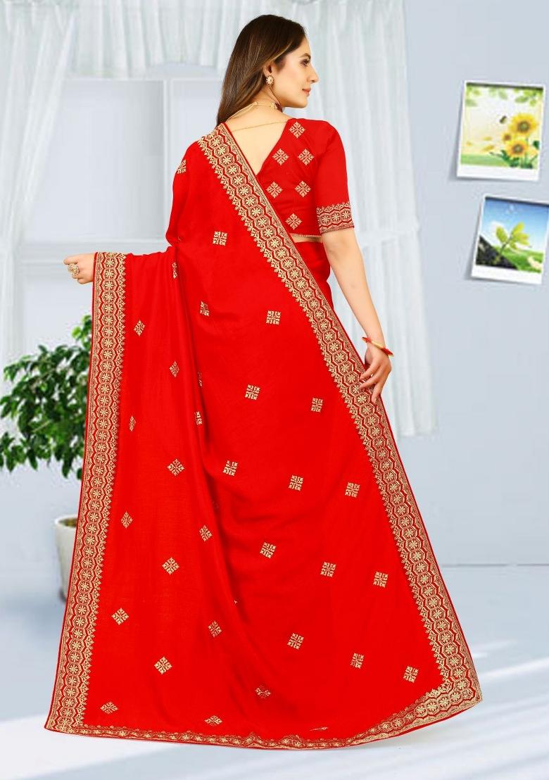 Red Embroidered Vichitra Silk Saree Set