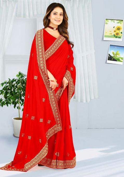 Red Embroidered Vichitra Silk Saree Set