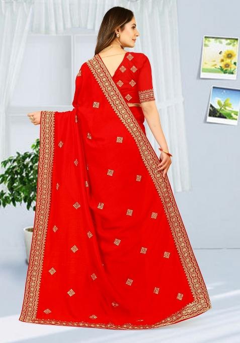 Red Embroidered Vichitra Silk Saree Set