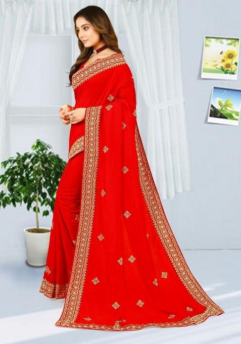 Red Embroidered Vichitra Silk Saree Set