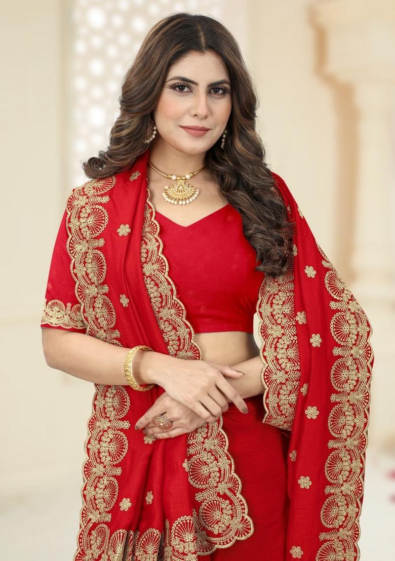 Red Embroidered Vichitra Silk Saree Set