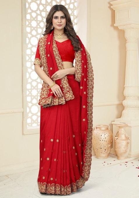 Red Embroidered Vichitra Silk Saree Set