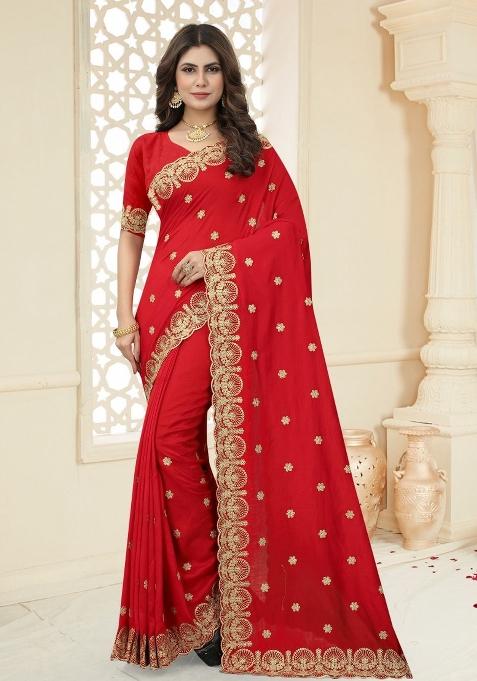 Red Embroidered Vichitra Silk Saree Set