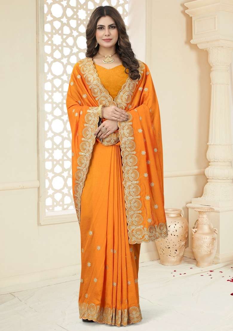 Mustard Yellow Vichitra Silk Saree Set with Embroidered for Diwali | Wedding & Festive Wear - Indya