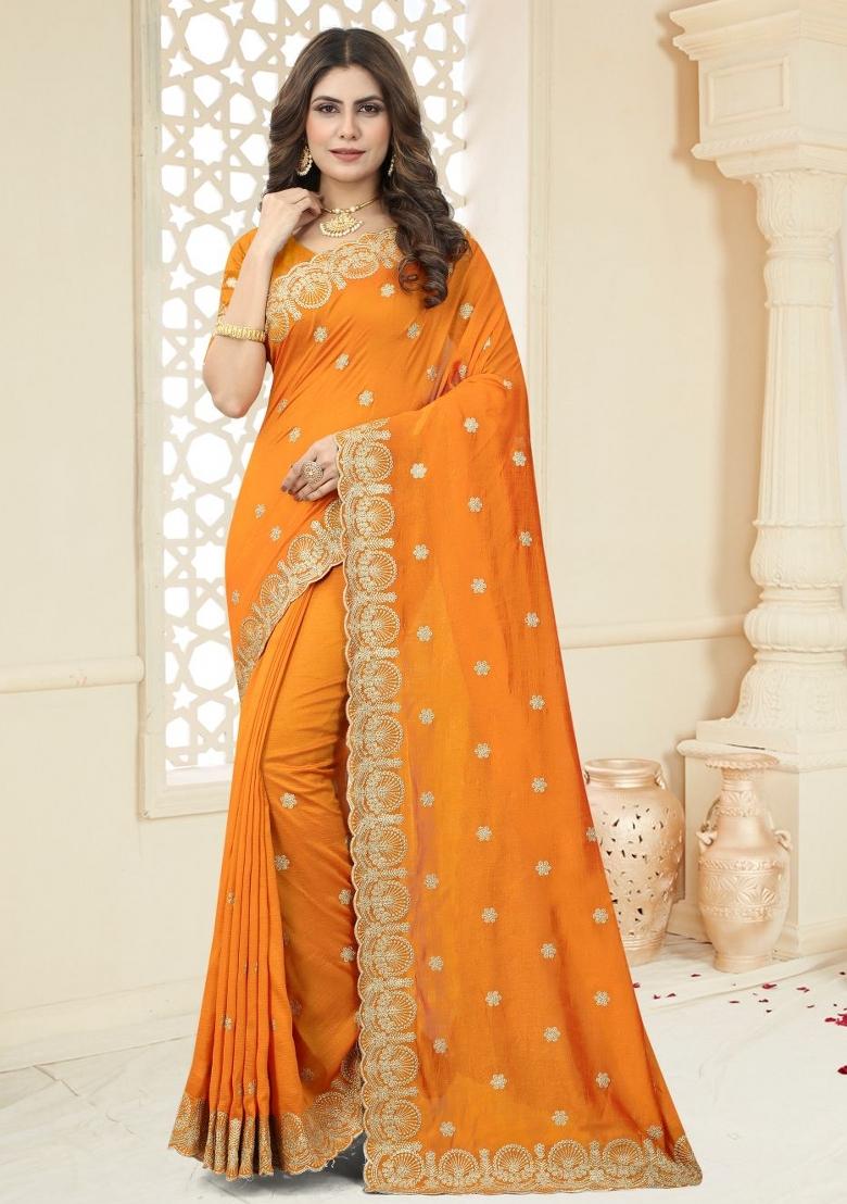 Mustard Yellow Embroidered Vichitra Silk Saree Set