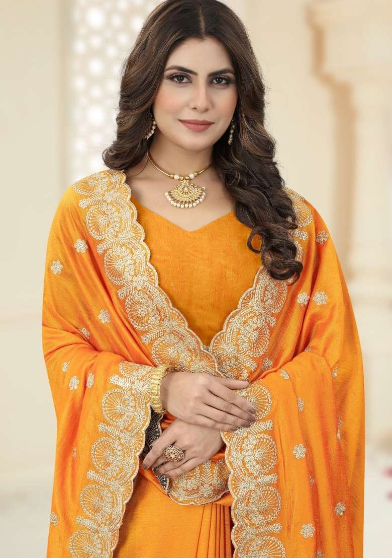Mustard Yellow Vichitra Silk Saree Set with Embroidered for Diwali | Wedding & Festive Wear - Indya
