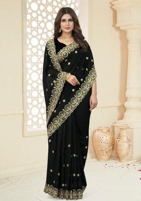 Black Embroidered Vichitra Silk Saree Set