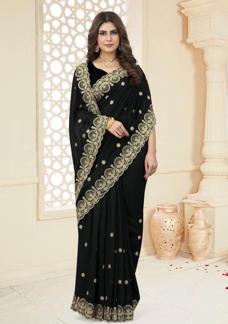 Black Embroidered Vichitra Silk Saree Set