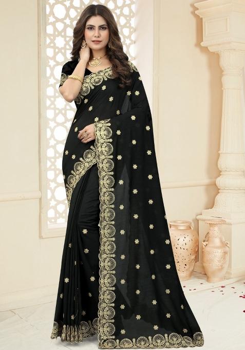 Black Embroidered Vichitra Silk Saree Set