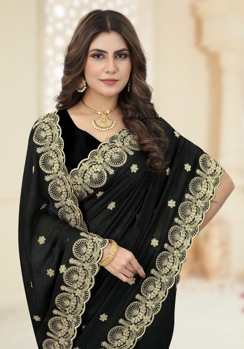 Black Embroidered Vichitra Silk Saree Set