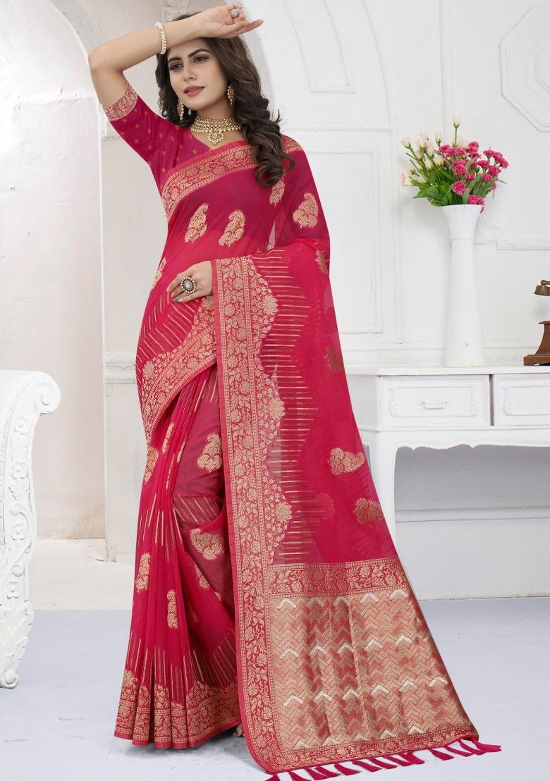 Gajari Pink Weaving Viscose Organza Saree Set
