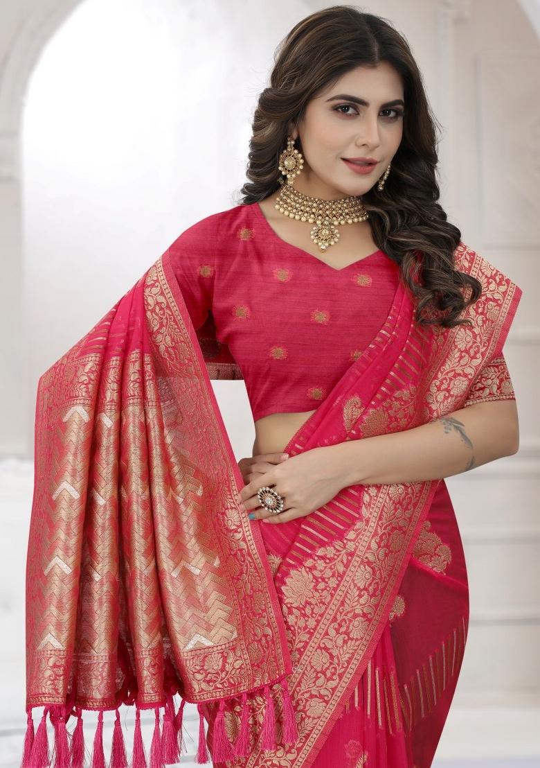 Gajari Pink Weaving Viscose Organza Saree Set