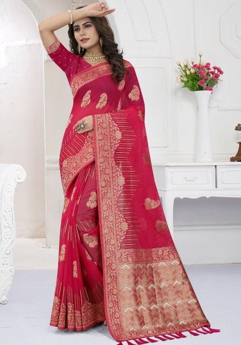 Gajari Pink Weaving Viscose Organza Saree Set