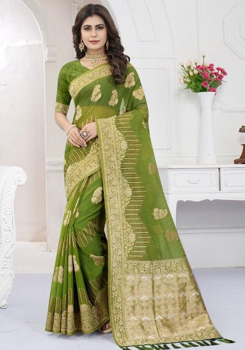 Perrot Green Weaving Viscose Organza Saree Set