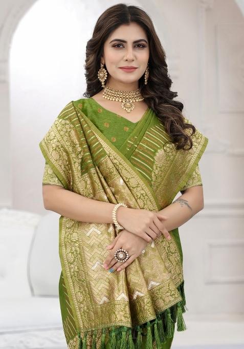 Perrot Green Weaving Viscose Organza Saree Set