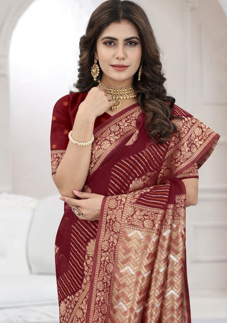 Wine Weaving Viscose Organza Saree Set