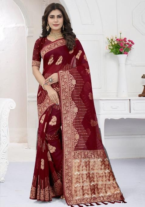 Wine Weaving Viscose Organza Saree Set