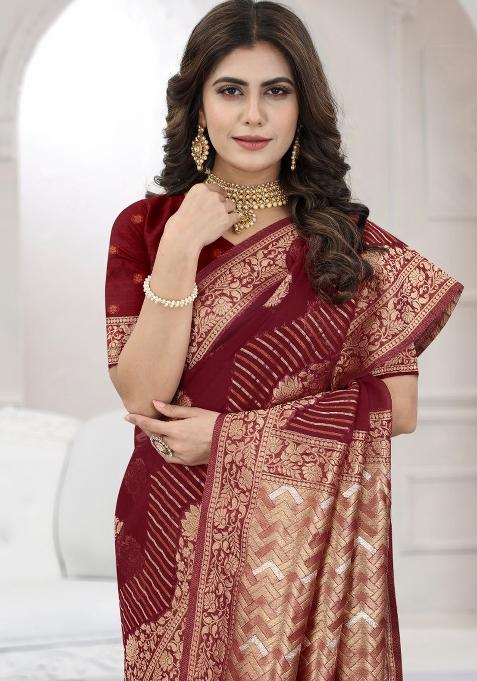 Wine Weaving Viscose Organza Saree Set