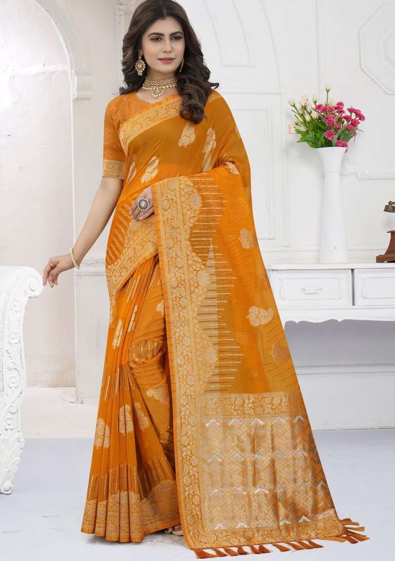 Mustard Yellow Weaving Viscose Organza Saree Set for Diwali and Festive Wear - Indya