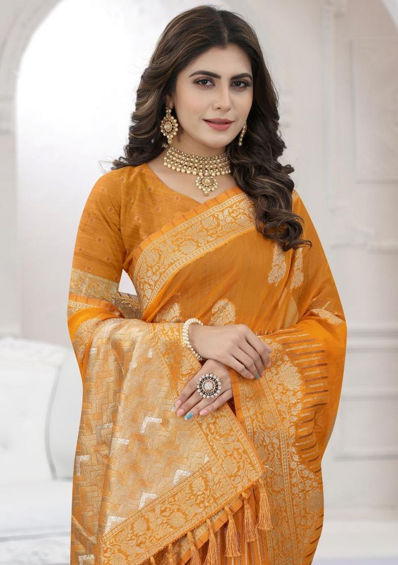 Mustard Yellow Weaving Viscose Organza Saree Set