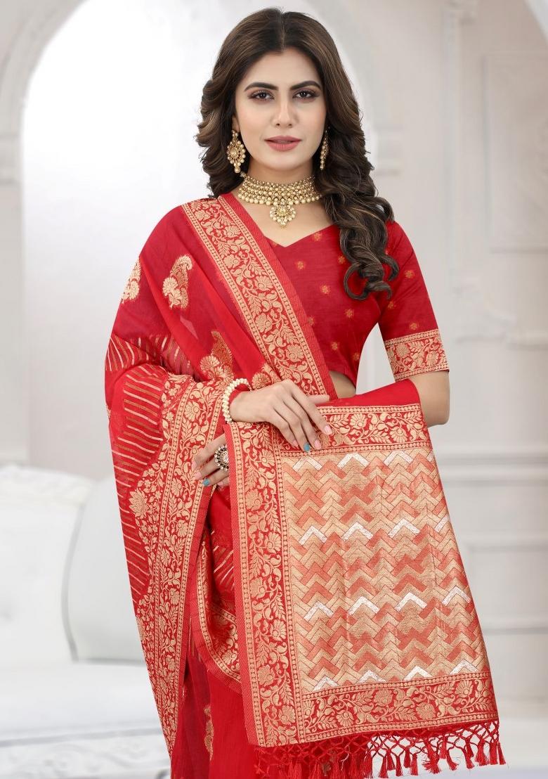 Red Weaving Viscose Organza Saree Set