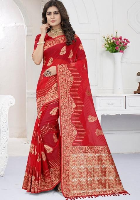 Red Weaving Viscose Organza Saree Set