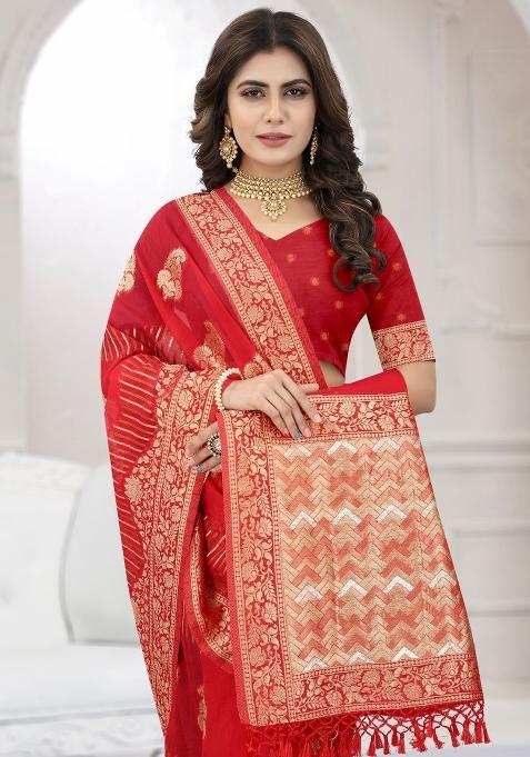 Red Weaving Viscose Organza Saree Set