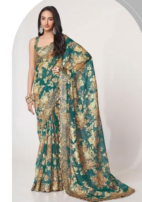 Teal Blue Embroidered Georgette Saree Set