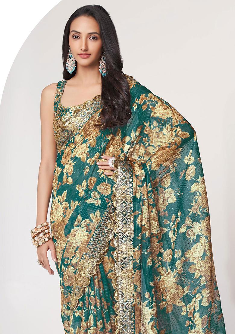 Teal Blue Embroidered Georgette Saree Set