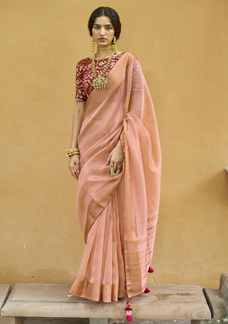 Maroon Printed Chinnon Saree Set - Indya