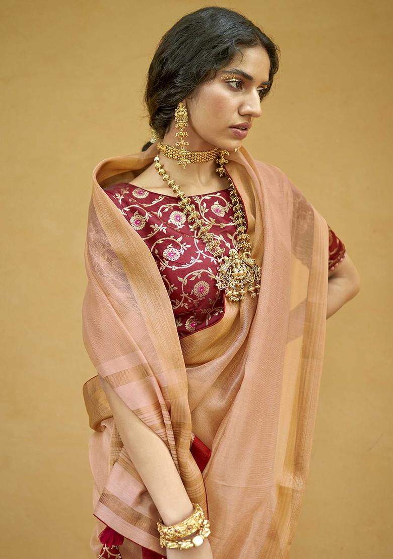 Maroon Printed Chinnon Saree Set