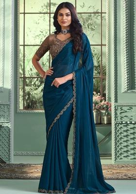 Fawn Orange Embroidered Net Saree Set