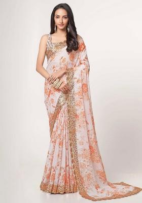 White Embroidered Georgette Saree Set