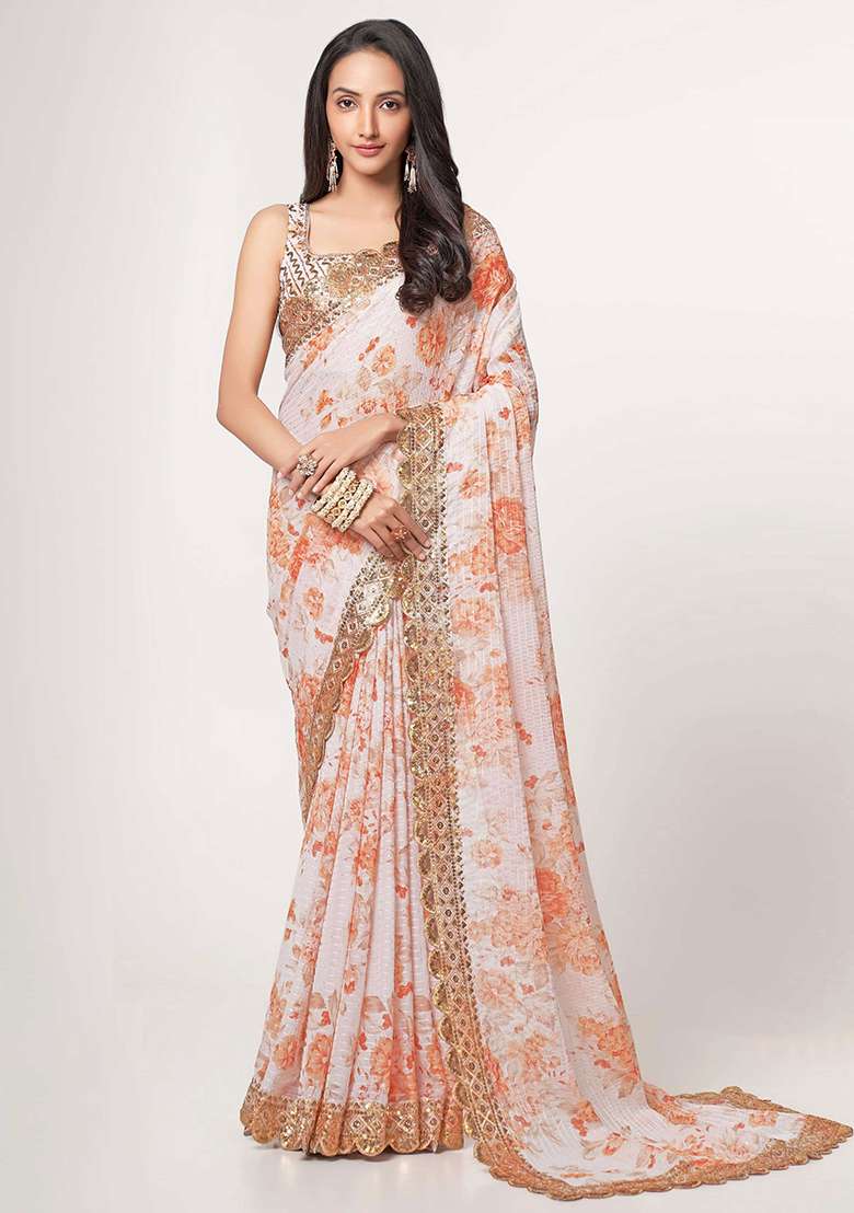 White Embroidered Georgette Saree Set - Indya