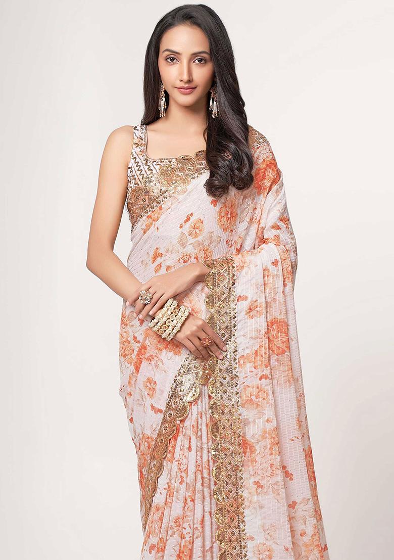 White Embroidered Georgette Saree Set