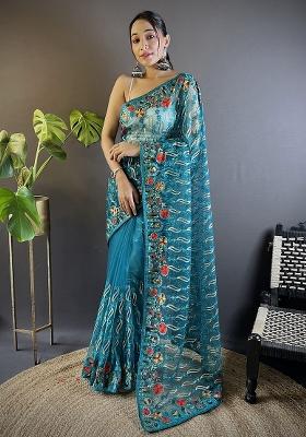 Teal Blue Embroidererd Net Saree Set