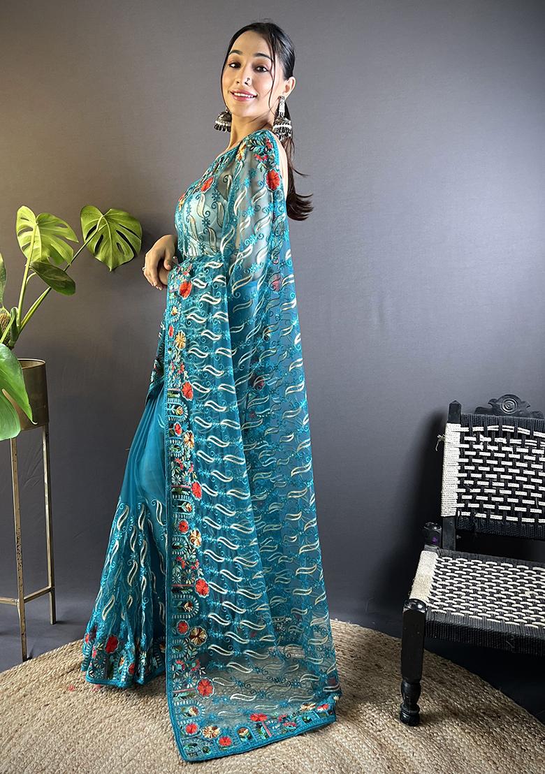 Teal Blue Embroidererd Net Saree Set