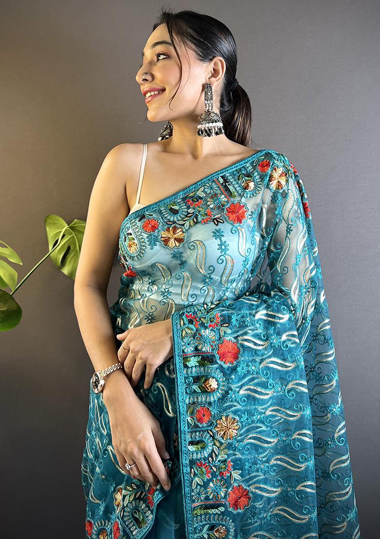 Teal Blue Embroidererd Net Saree Set