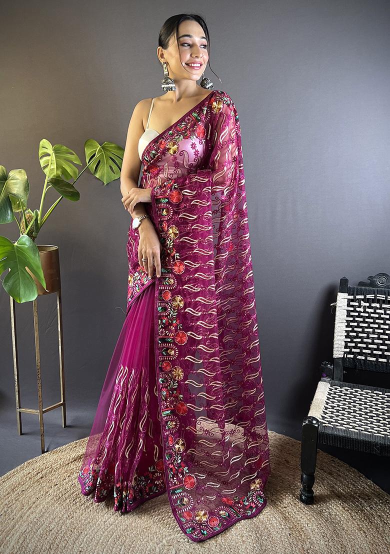 Wine Embroidererd Net Saree Set