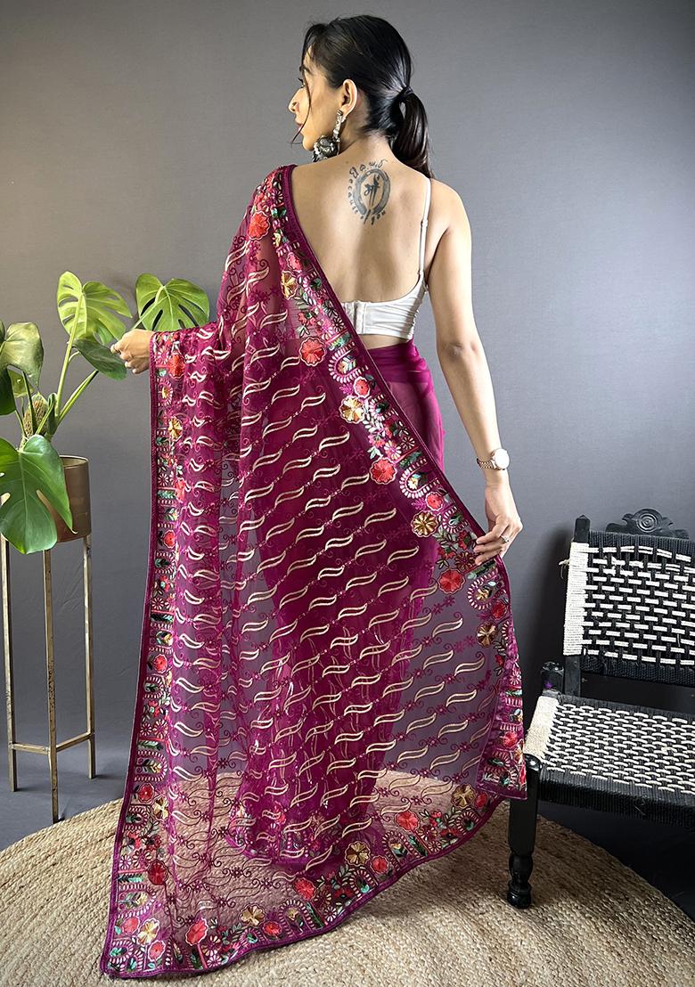 Wine Embroidererd Net Saree Set