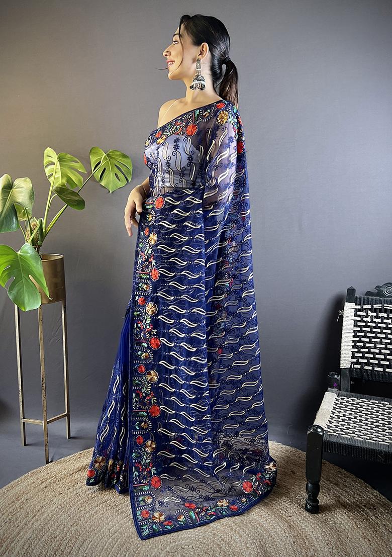 Blue Embroidererd Net Saree Set