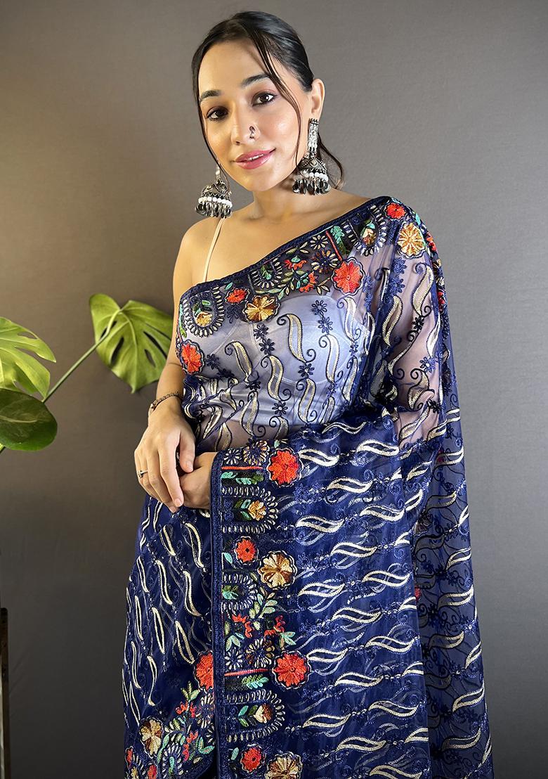 Blue Embroidererd Net Saree Set