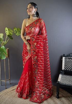 Red Embroidererd Net Saree Set