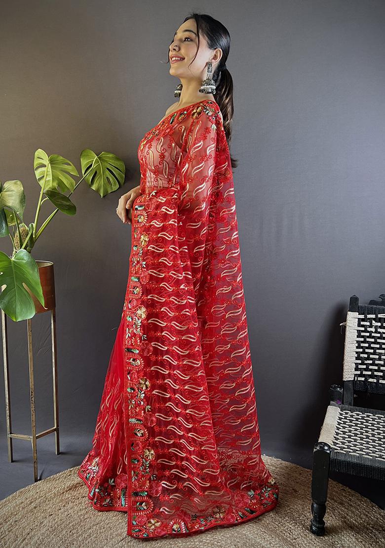 Red Embroidererd Net Saree Set