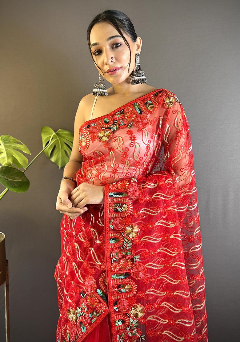 Red Embroidererd Net Saree Set