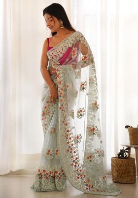 Light Sky Blue Embroidererd Net Saree Set