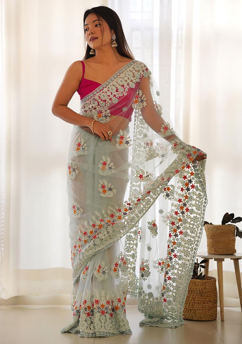 Light Sky Blue Embroidererd Net Saree Set