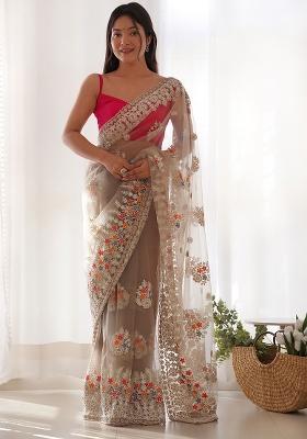 Light Brown Embroidererd Net Saree Set